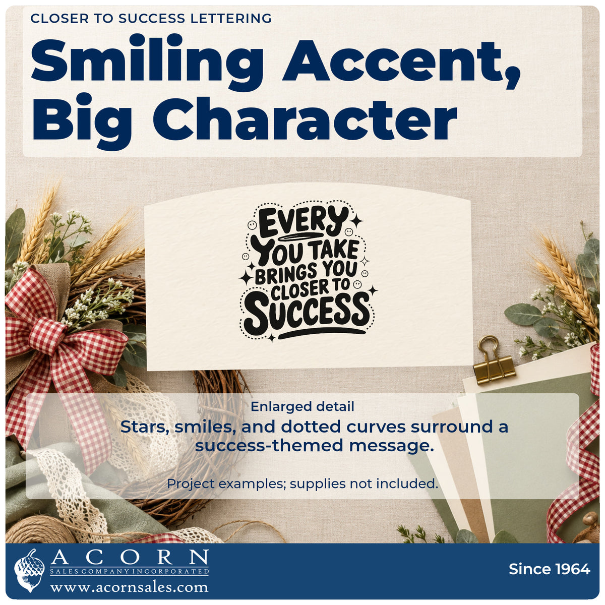 Enlarged detail of the Slim Pre-Inked Closer To Success Stars And Dots Stamp imprint. EVERY YOU TAKE BRINGS YOU CLOSER TO SUCCESS appears with dotted curves, stars, and small smiling circles.