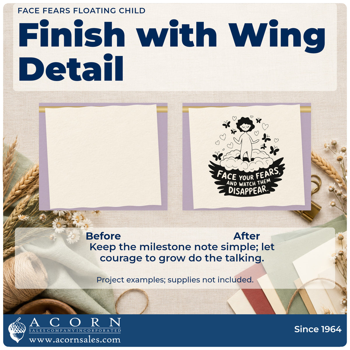 Before and after of a plain item finished with the Face Fears Floating Child Butterfly Craft Stamp – Self-Inking, a quick upgrade for framed bedroom door.