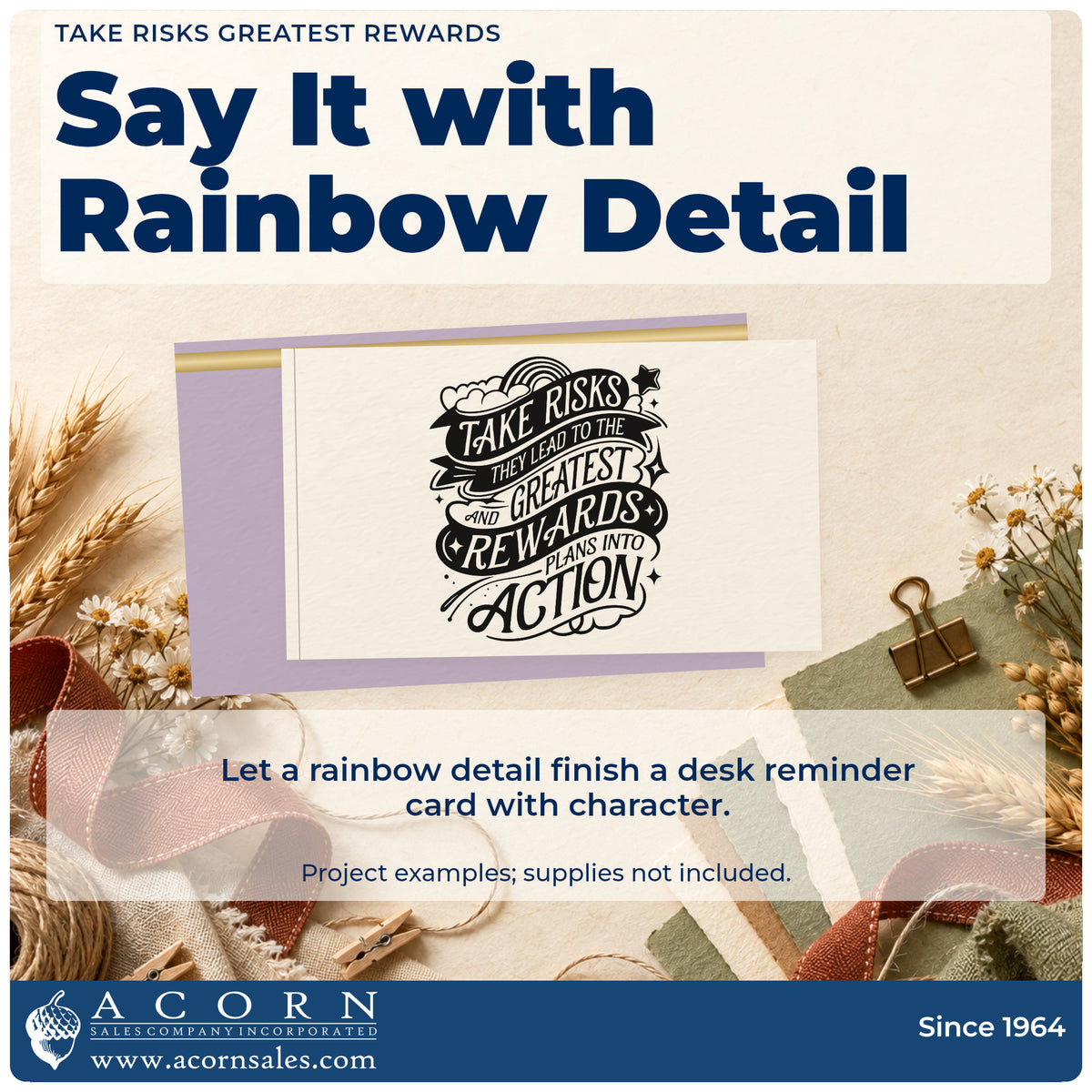 A finished handmade project stamped with the Take Risks Rainbow Ribbons Compact Pre-Inked Stamp – Slim, ideal for campaign album page.