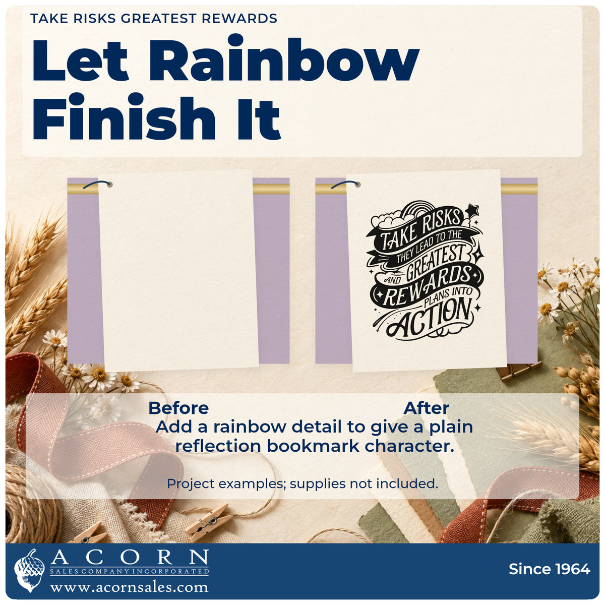 Before and after of a plain item finished with the Take Risks Rainbow Ribbons Self-Inking Stamp, a quick upgrade for framed work room.