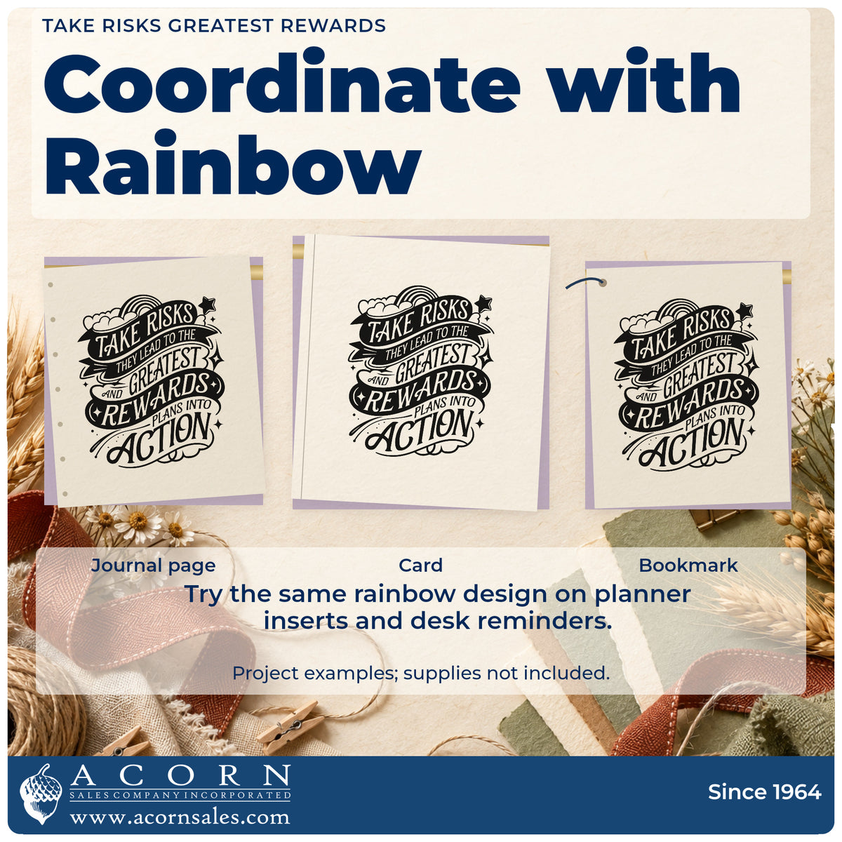 Three project examples made with the Take Risks Rainbow Ribbons Compact Pre-Inked Stamp – Slim, including reward track sheet.