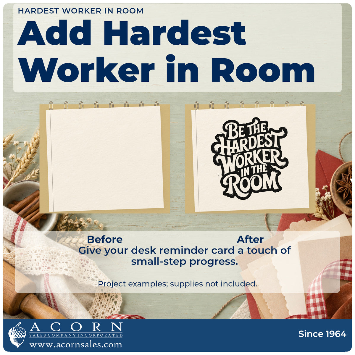 Before and after of a plain item finished with the Slim Pre-Inked Hardest Worker In Room Stamp, a quick upgrade for framed field house.