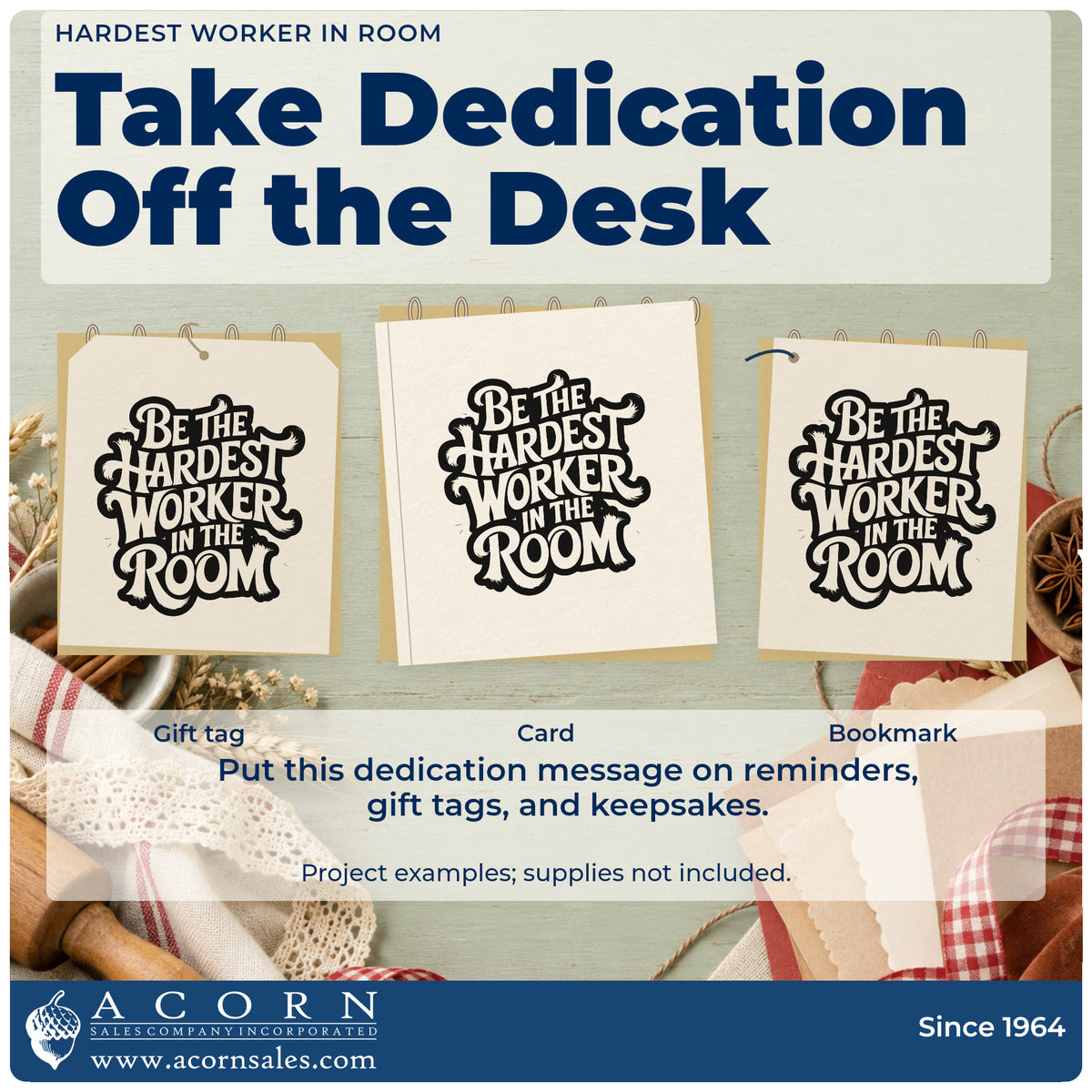 Three project examples made with the Hardest Worker In Room Self-Inking Craft Stamp, including session plan sheet.