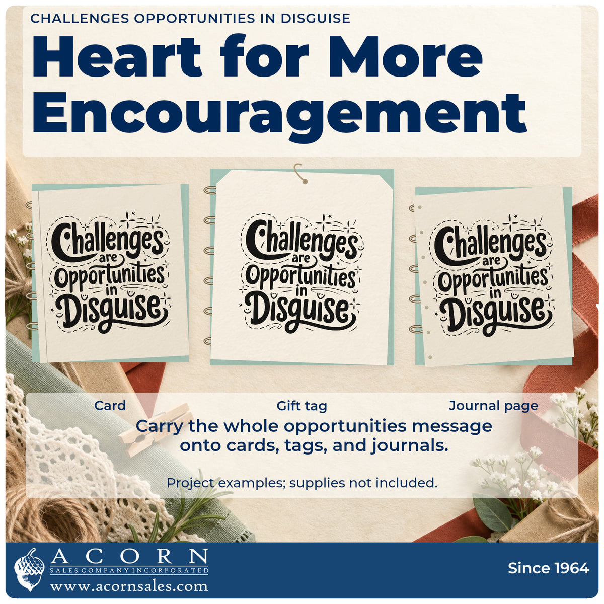 Three project examples made with the Challenges Opportunities In Disguise Slim Pre-Inked Stamp, including repair log sheet.