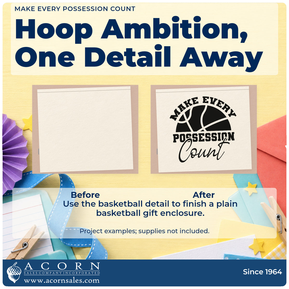 Before and after of a plain item finished with the Make Every Possession Count Basketball Wood-Mounted Rubber Stamp, a quick upgrade for framed gym tunnel.