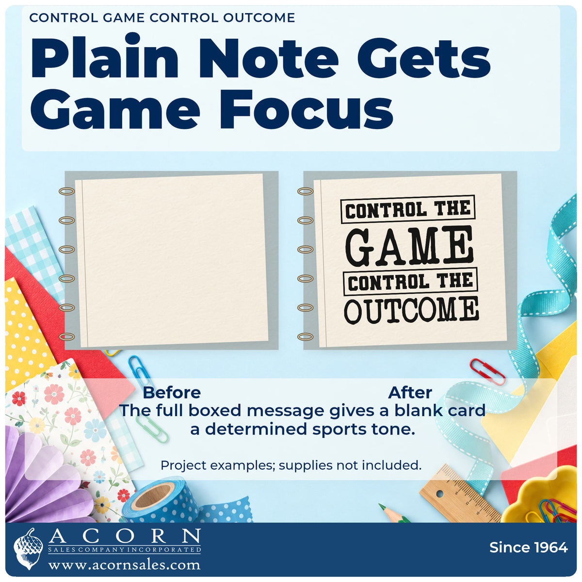 Before and after of a plain item finished with the Control The Game Control The Outcome Rubber Stamp – Duo Hand, a quick upgrade for framed coach office.