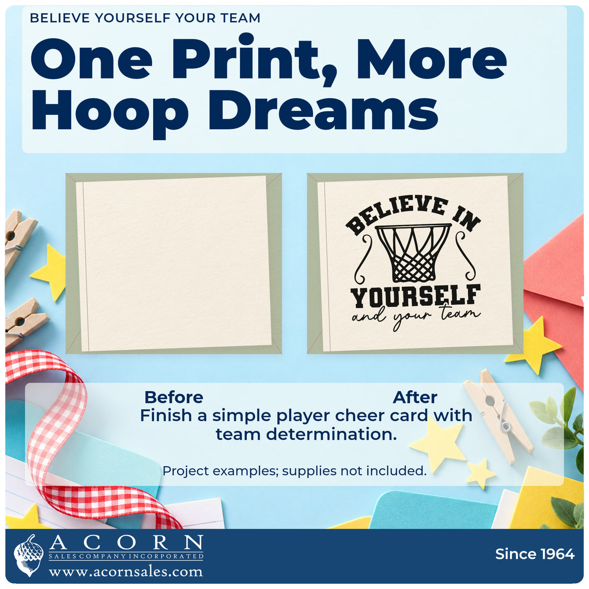 Before and after of a plain item finished with the Believe In Yourself And Your Team Stamp – Self-Inking, a quick upgrade for framed concession stand.