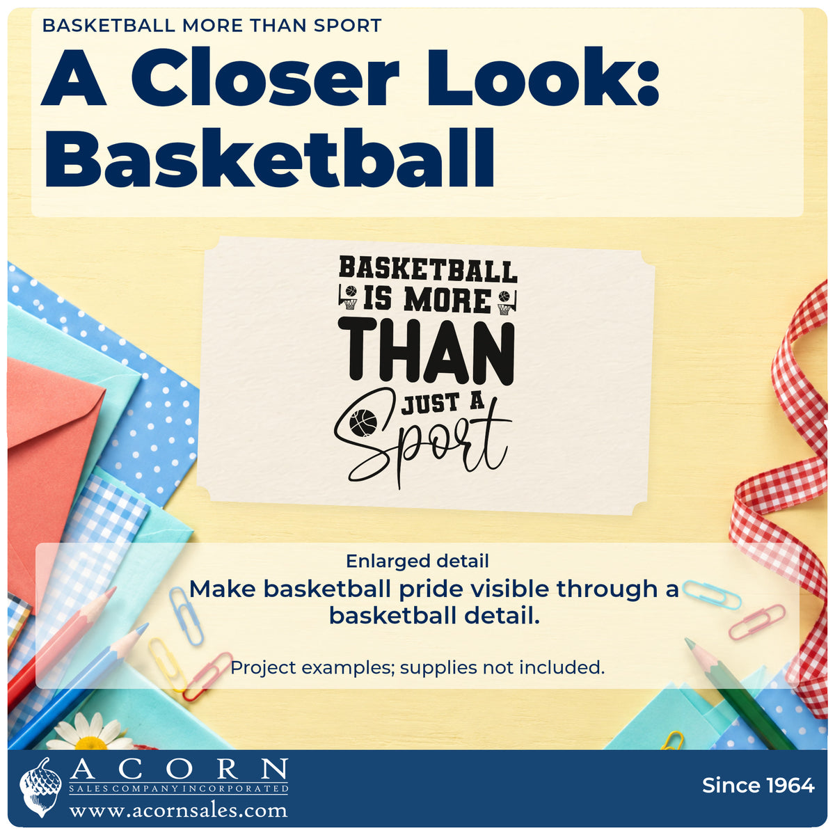 Enlarged detail of the Basketball More Than Sport Slim Pre-Inked Stamp imprint. BASKETBALL IS MORE THAN JUST A Sport appears with small basketballs and hoops.