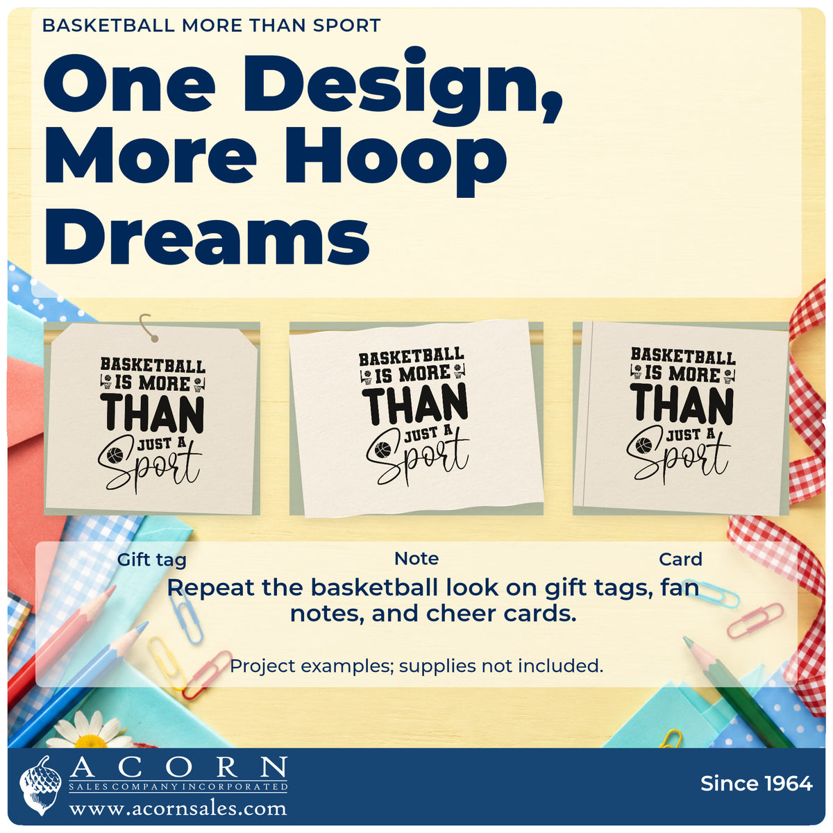 Three project examples made with the Basketball More Than Sport Slim Pre-Inked Stamp, including game night sheet.