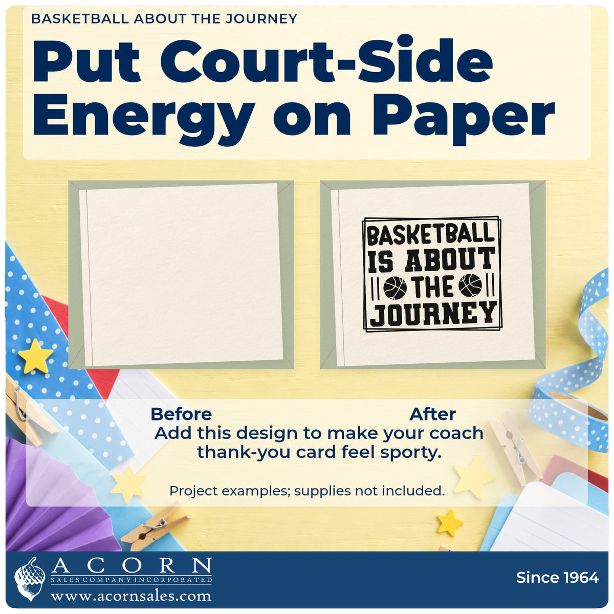 Before and after of a plain item finished with the Basketball Is About The Journey PSI Pre-Inked Stamp, a quick upgrade for framed gym lobby.