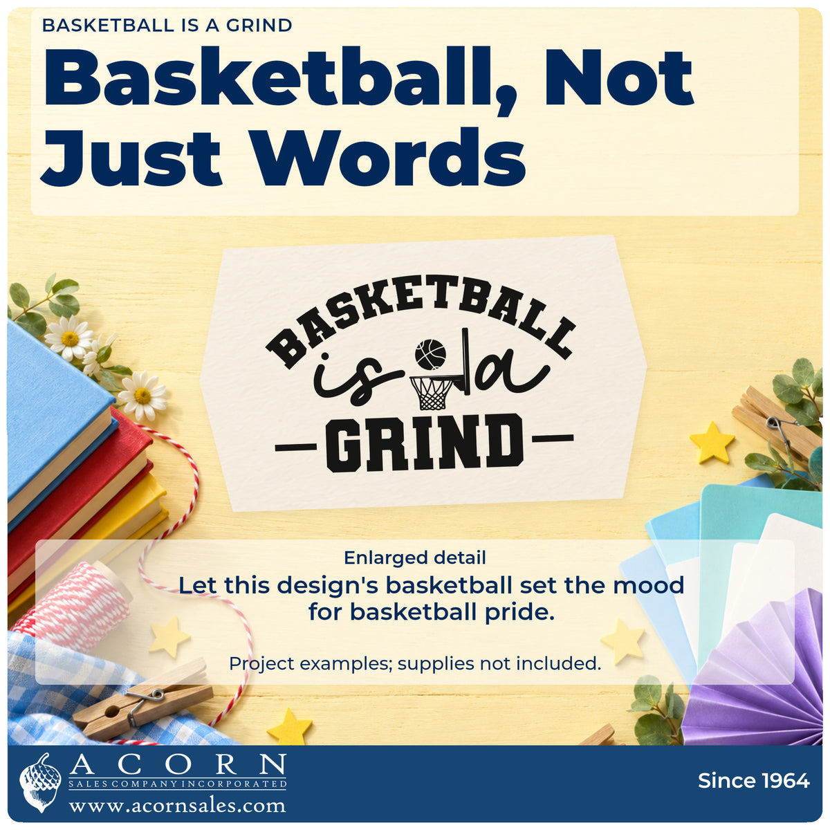 Enlarged detail of the Basketball Is A Grind Hand Stamp – Duo imprint. BASKETBALL is a GRIND appears with a small basketball hoop and horizontal rules.