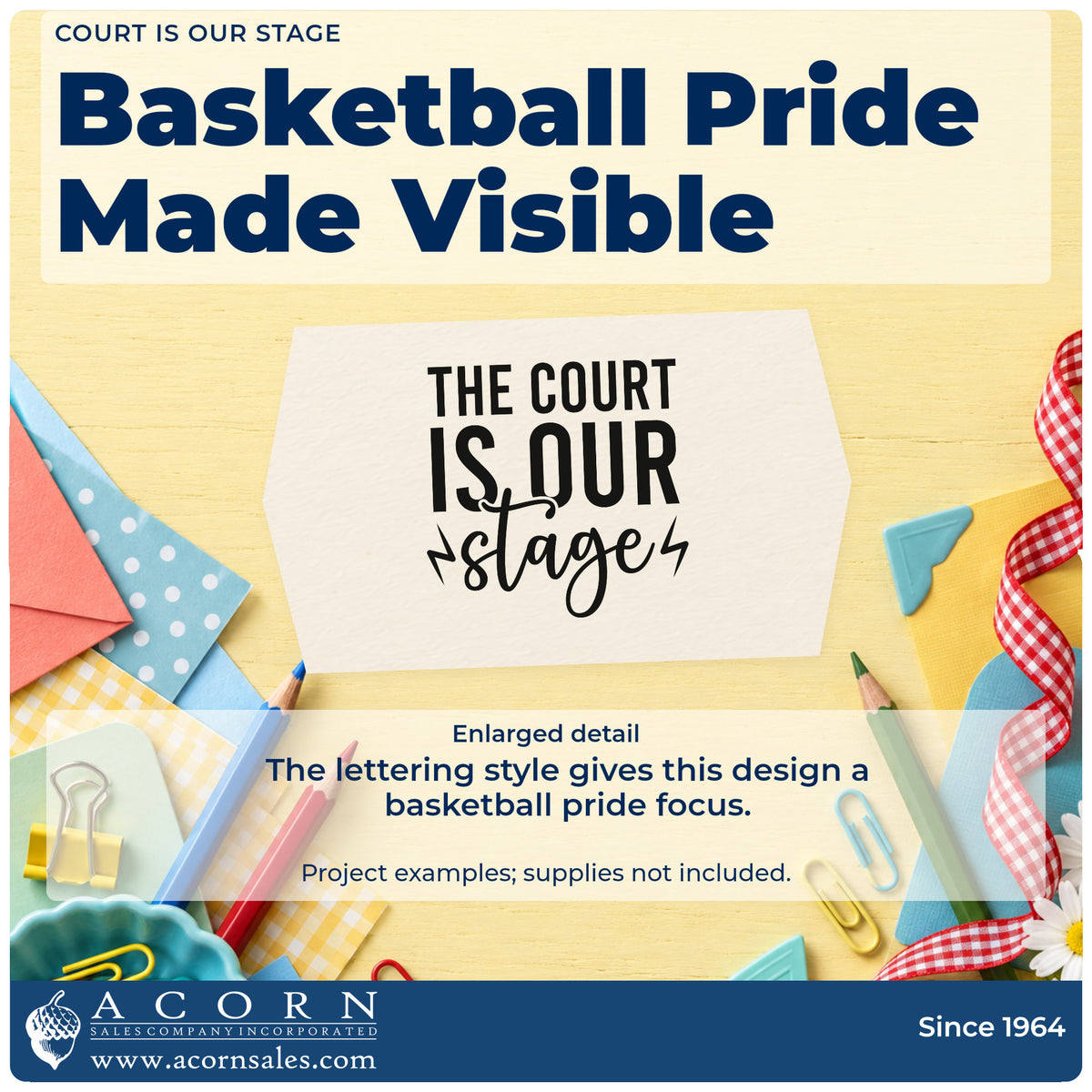 Enlarged detail of the Court Is Our Stage Rubber Stamp – Duo Hand imprint. THE COURT IS OUR stage appears with two lightning bolts.