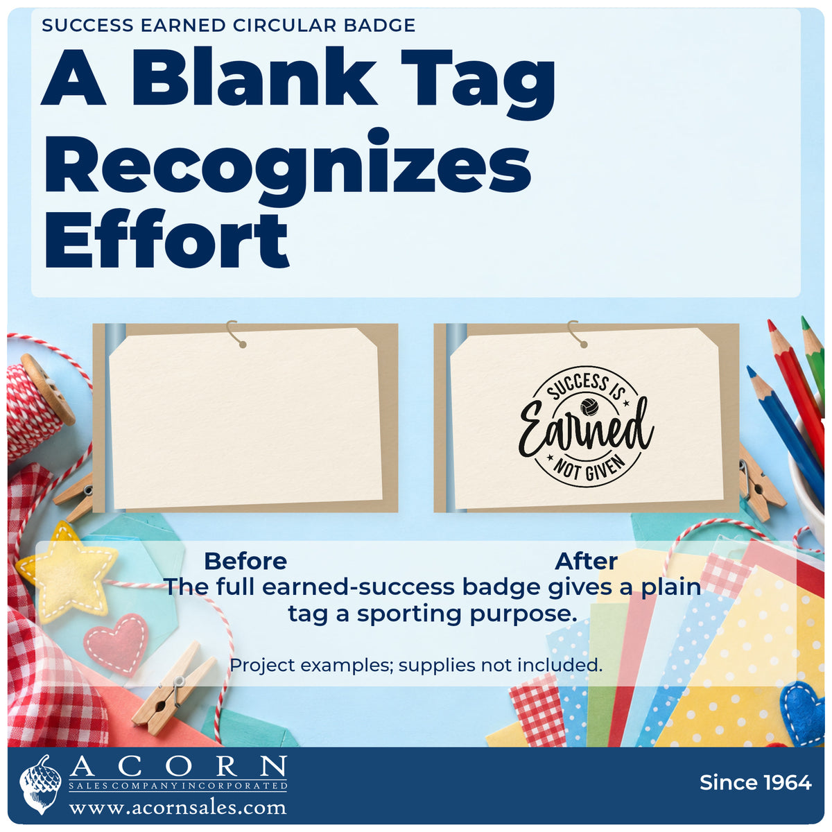 Before and after of a plain item finished with the Success Is Earned Volleyball Badge Rubber Stamp – Wood Handle, a quick upgrade for framed club gym.