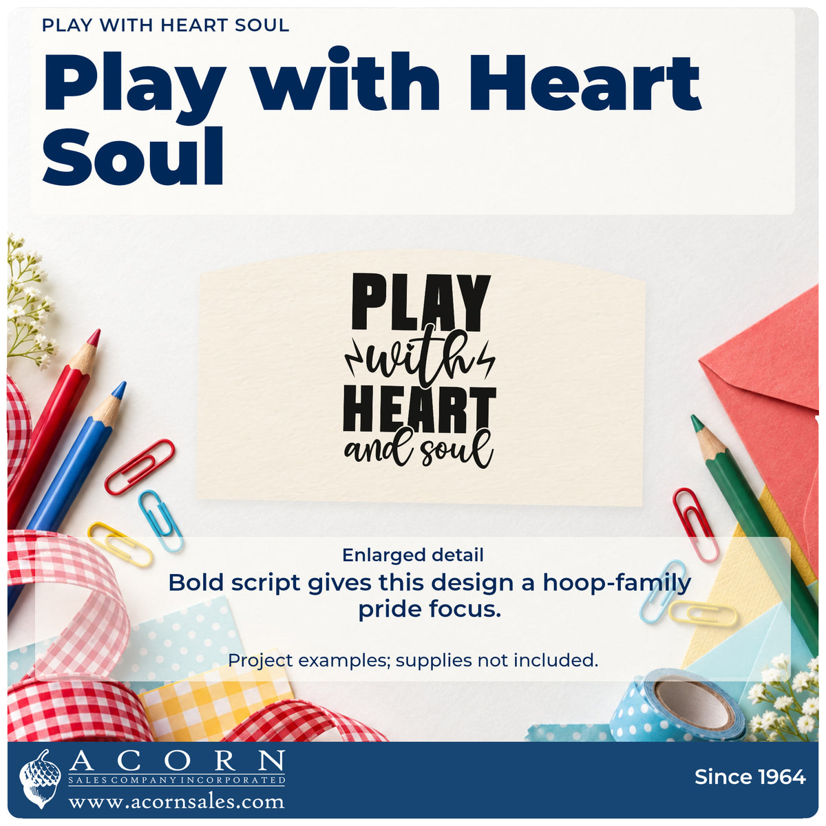 Enlarged detail of the Play With Heart And Soul Rubber Stamp – Wood Handle imprint. PLAY with HEART and soul appears in bold capitals and script with lightning bolts.