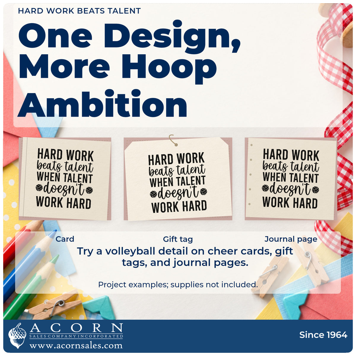 Three project examples made with the Wood Handle Hard Work Beats Talent Volleyball Pair Rubber Stamp, including station rota sheet.
