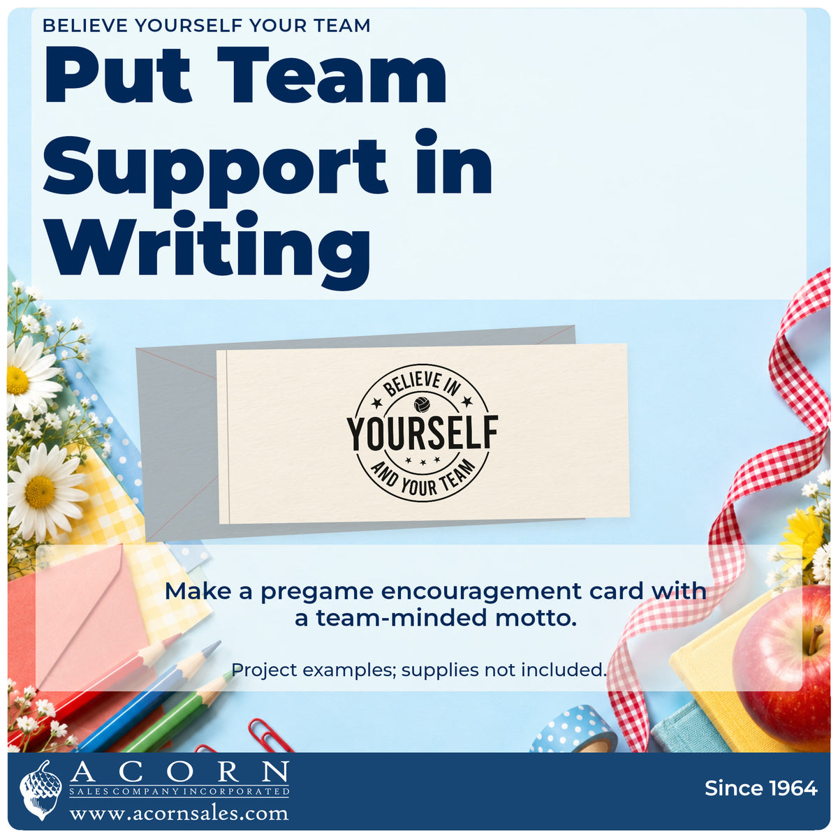 A finished handmade project stamped with the Believe In Yourself And Your Team Volleyball Premium Wood-Mounted Stamp – Vintage Pro, ideal for squad season album page.