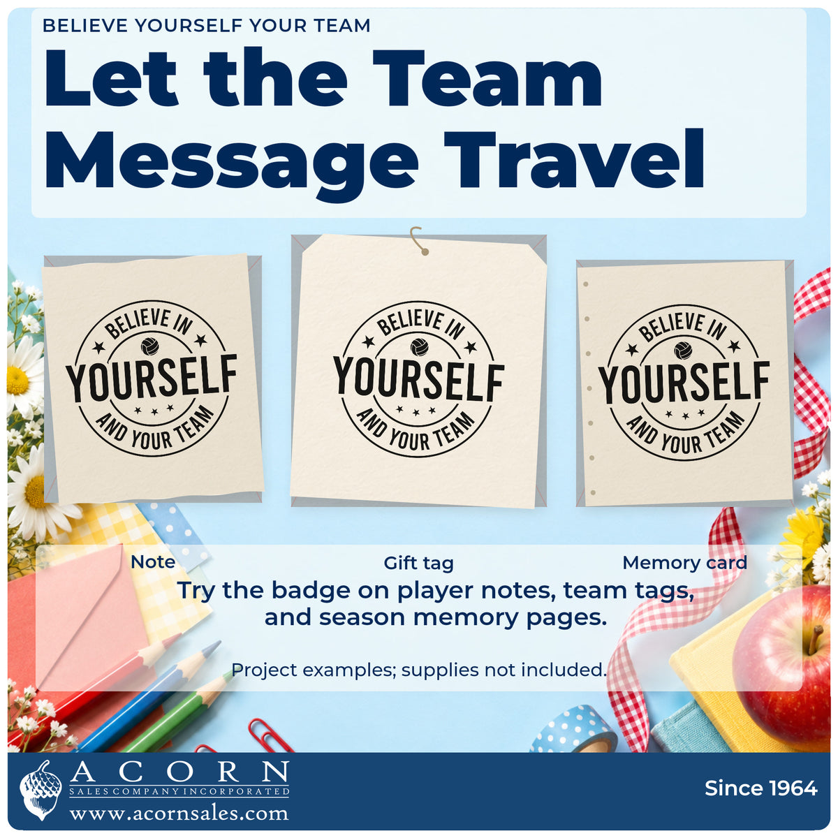 Three project examples made with the Believe In Yourself And Your Team Volleyball Premium Wood-Mounted Stamp – Vintage Pro, including skill progress sheet.