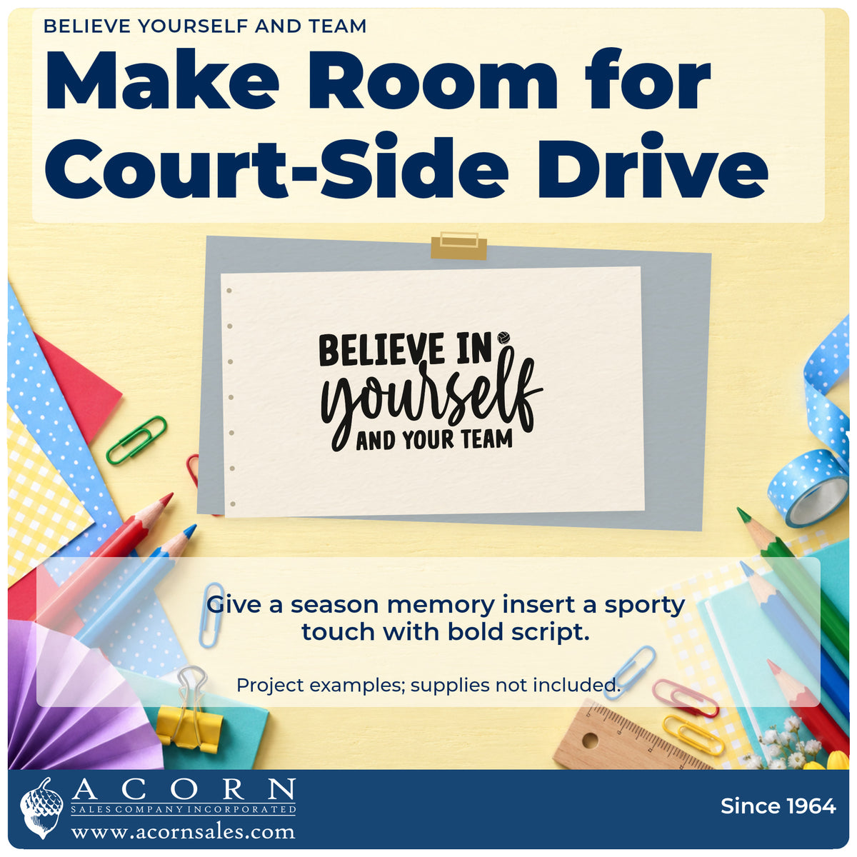 A finished handmade project stamped with the Believe In Yourself And Your Team Script Lettering Rubber Stamp – Wood Handle, ideal for team dinner album page.