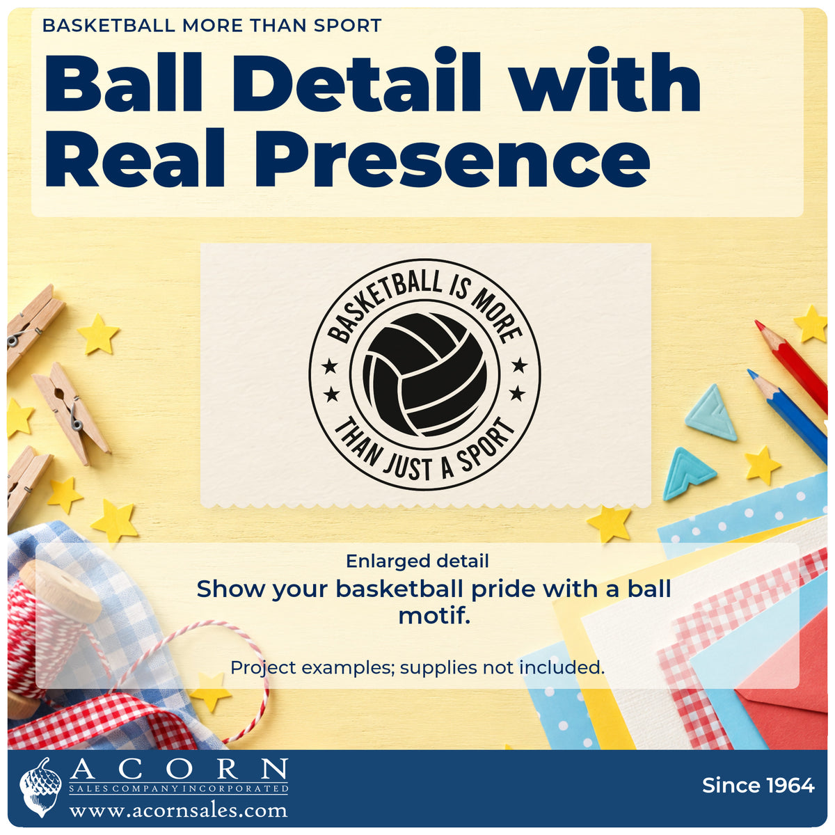 Enlarged detail of the Basketball More Than Just A Sport Badge Compact Pre-Inked Stamp – Slim imprint. A volleyball-style ball fills a circular badge reading BASKETBALL IS MORE THAN JUST A SPORT with stars.
