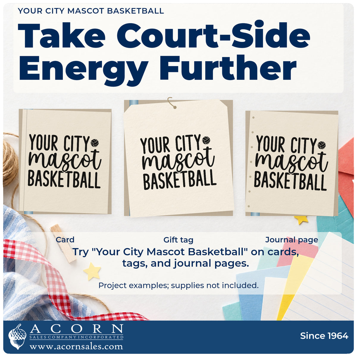 Three project examples made with the Your City Mascot Basketball Word Art Self-Inking Stamp, including order run sheet.