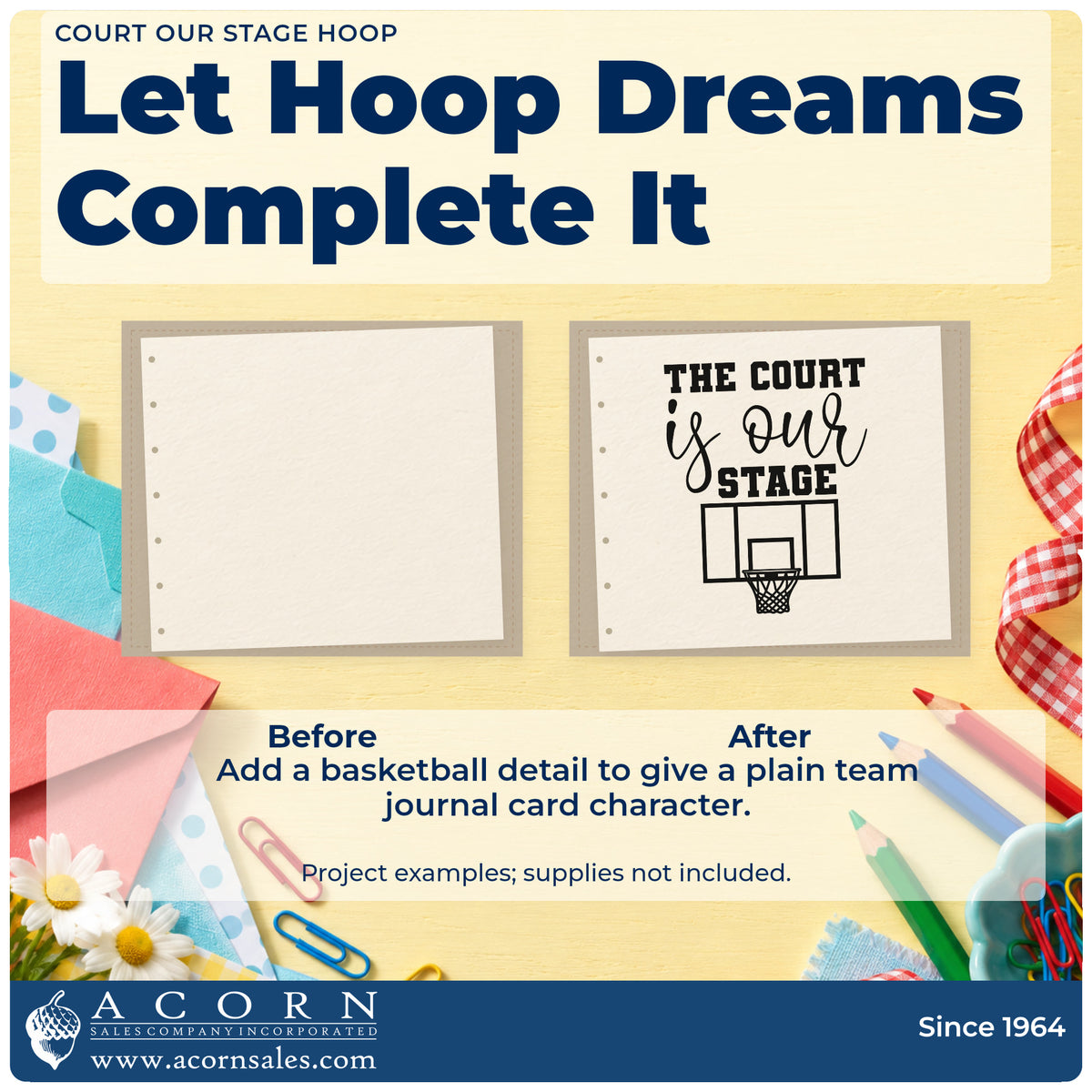 Before and after of a plain item finished with the Court Our Stage Hoop Slim Pre-Inked Stamp, a quick upgrade for framed press booth.