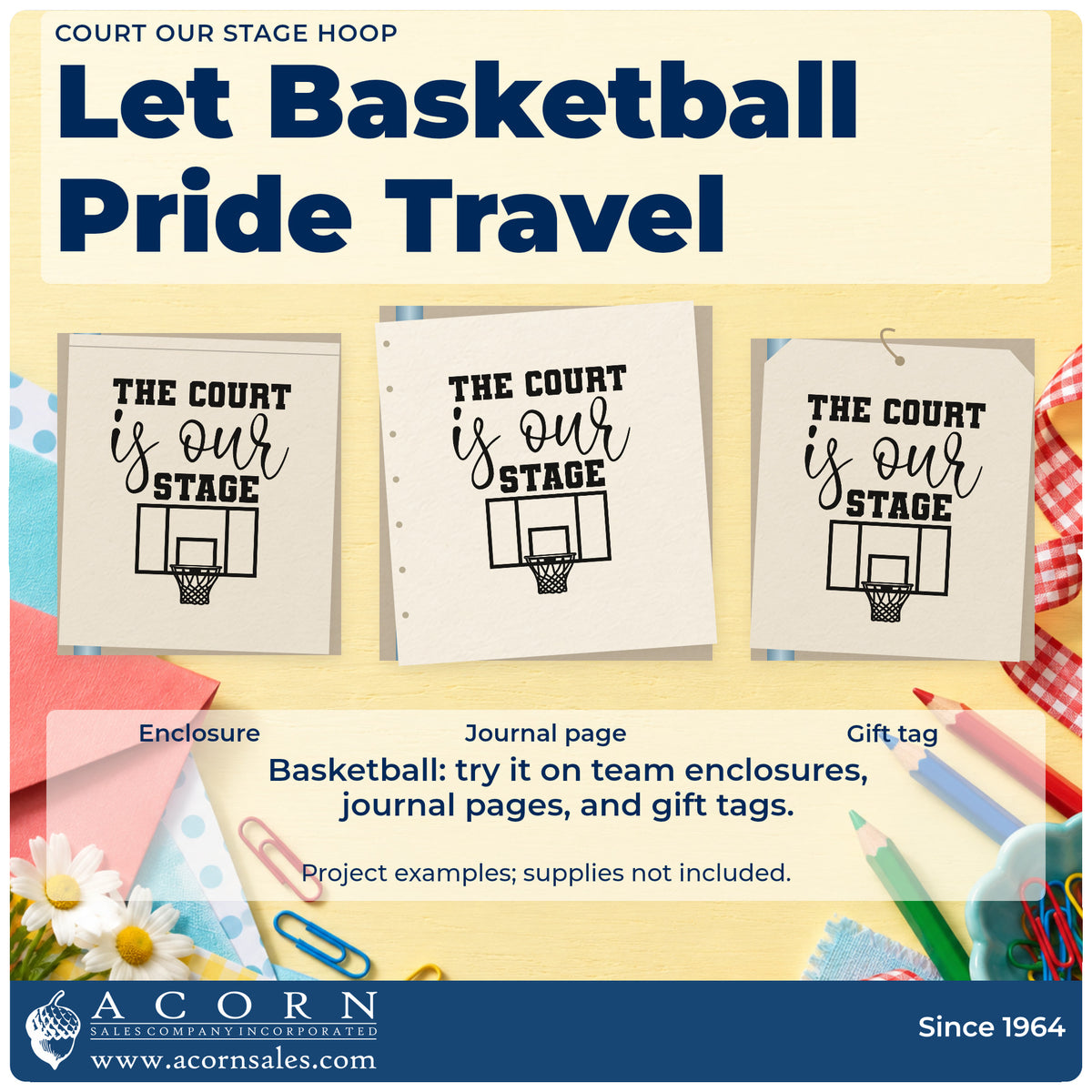 Three project examples made with the Court Our Stage Hoop Rubber Stamp – Wood Handle, including roster prep sheet.