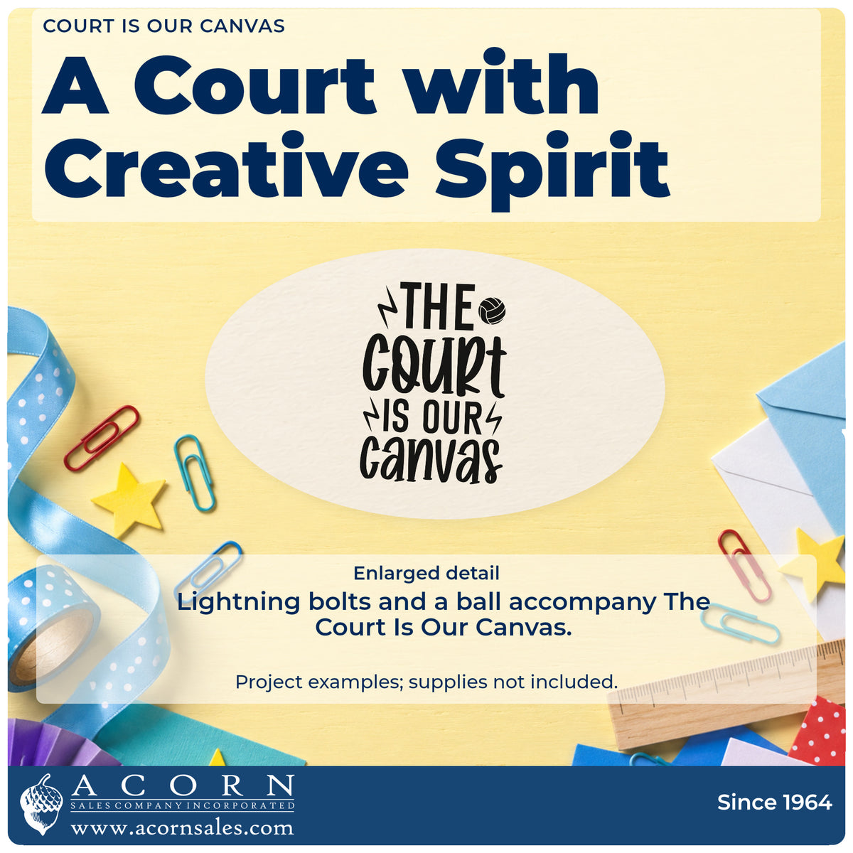 Enlarged detail of the The Court Is Our Canvas Volleyball Slim Pre-Inked Stamp imprint. THE COURT IS OUR canvas appears with lightning bolts and a volleyball-style ball.