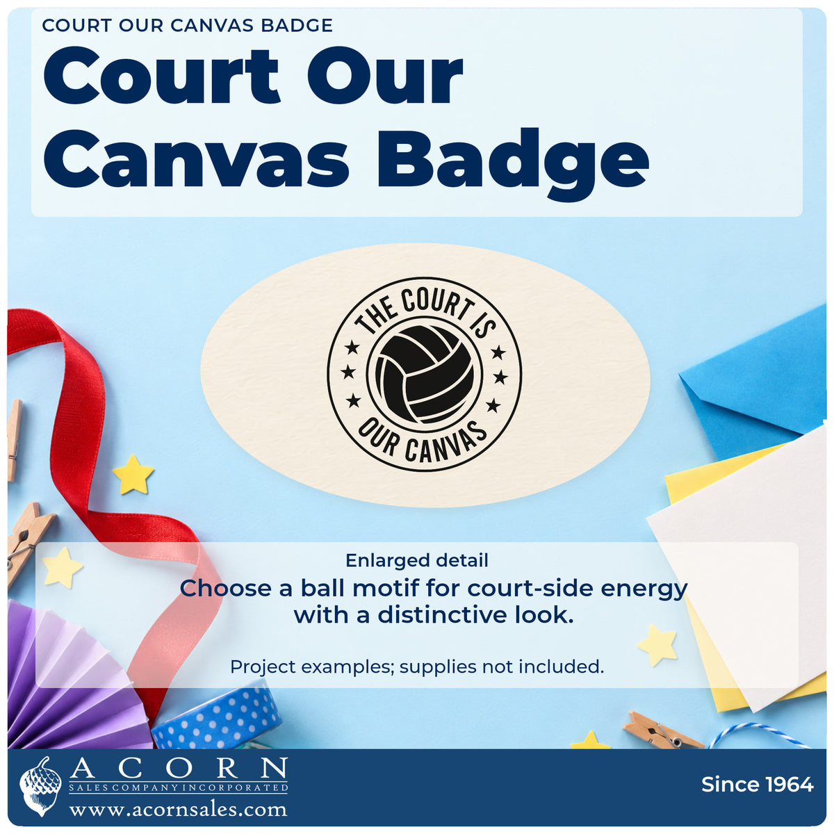 Enlarged detail of the Court Is Our Canvas Volleyball Badge Stamp – Slim Pre-Inked imprint. A volleyball-style ball fills a circular badge reading THE COURT IS OUR CANVAS with stars.