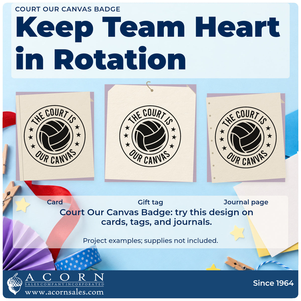Three project examples made with the Premium Wooden Court Is Our Canvas Volleyball Badge Stamp – Vintage Pro, including shoot plan sheet.