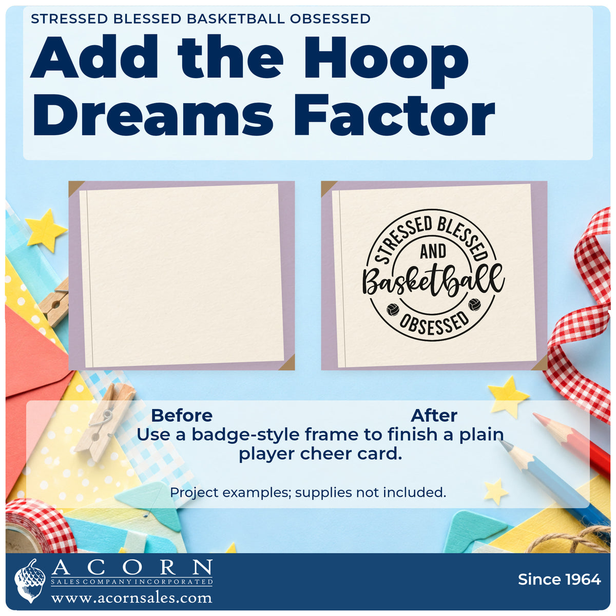 Before and after of a plain item finished with the Stressed Blessed Basketball Obsessed Rubber Stamp – Duo Hand, a quick upgrade for framed kitchen board.