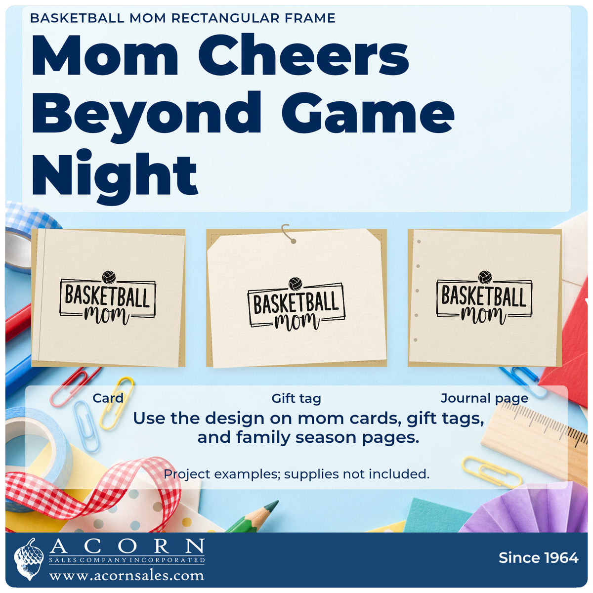 Three project examples made with the Basketball Mom Rectangular Frame Pre-Inked Stamp – PSI, including packing check sheet.