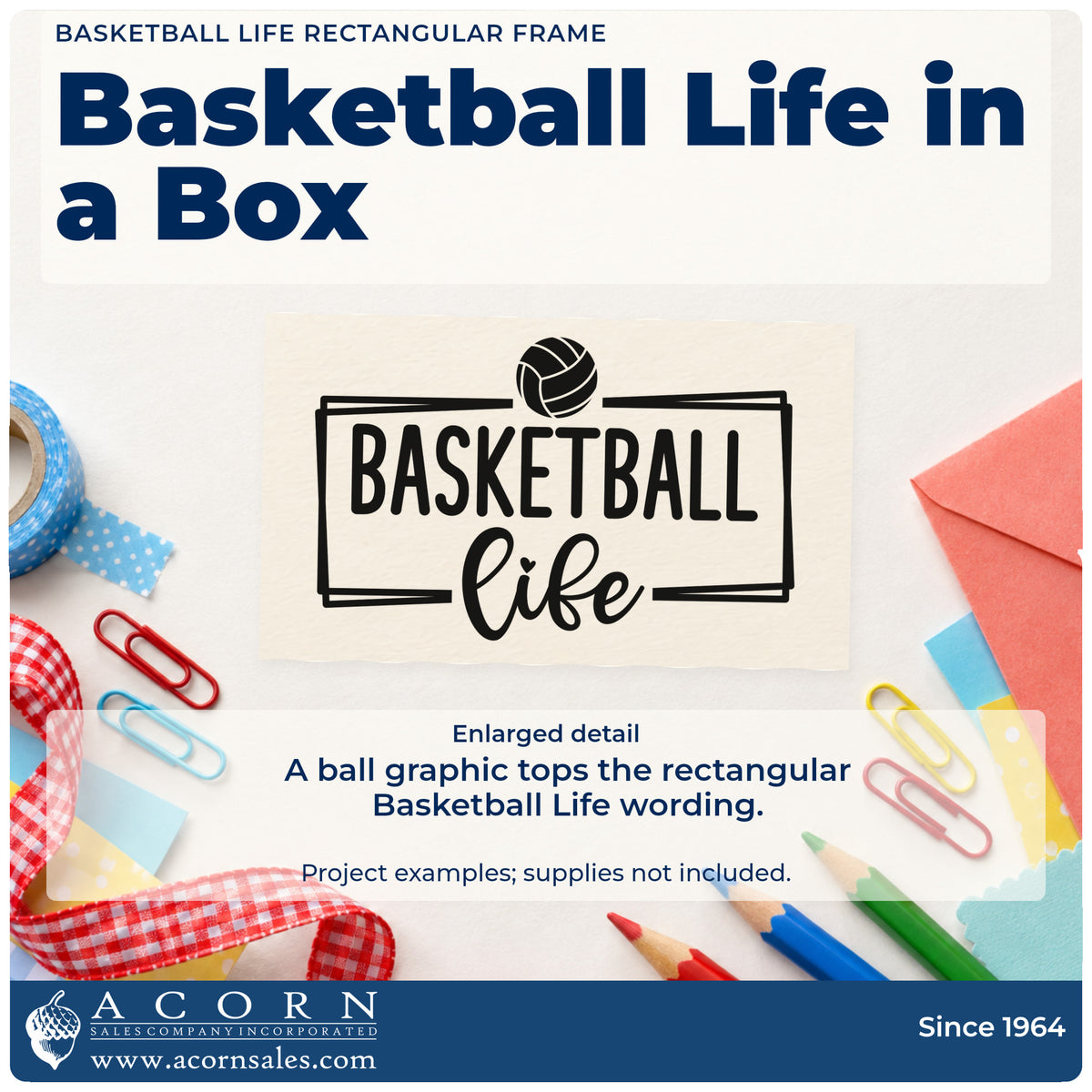 Enlarged detail of the Basketball Life Rectangular Frame Stamp – PSI Pre-Inked imprint. BASKETBALL life appears inside a rectangular frame topped with a volleyball-style ball.