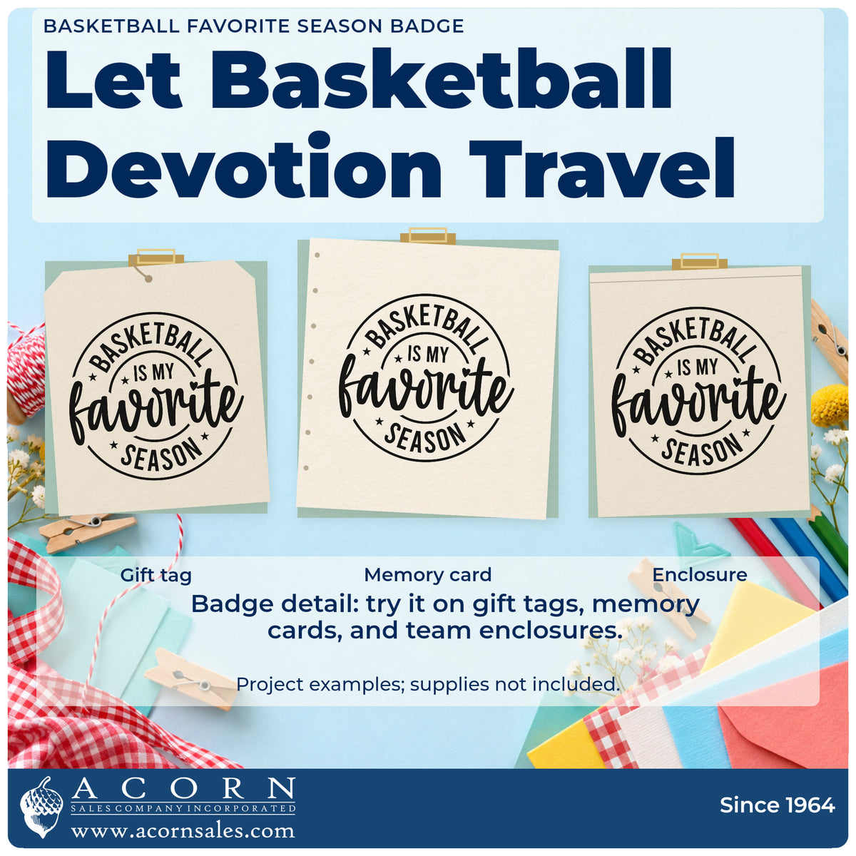 Three project examples made with the Basketball Favorite Season Badge Slim Pre-Inked Stamp, including game attend sheet.
