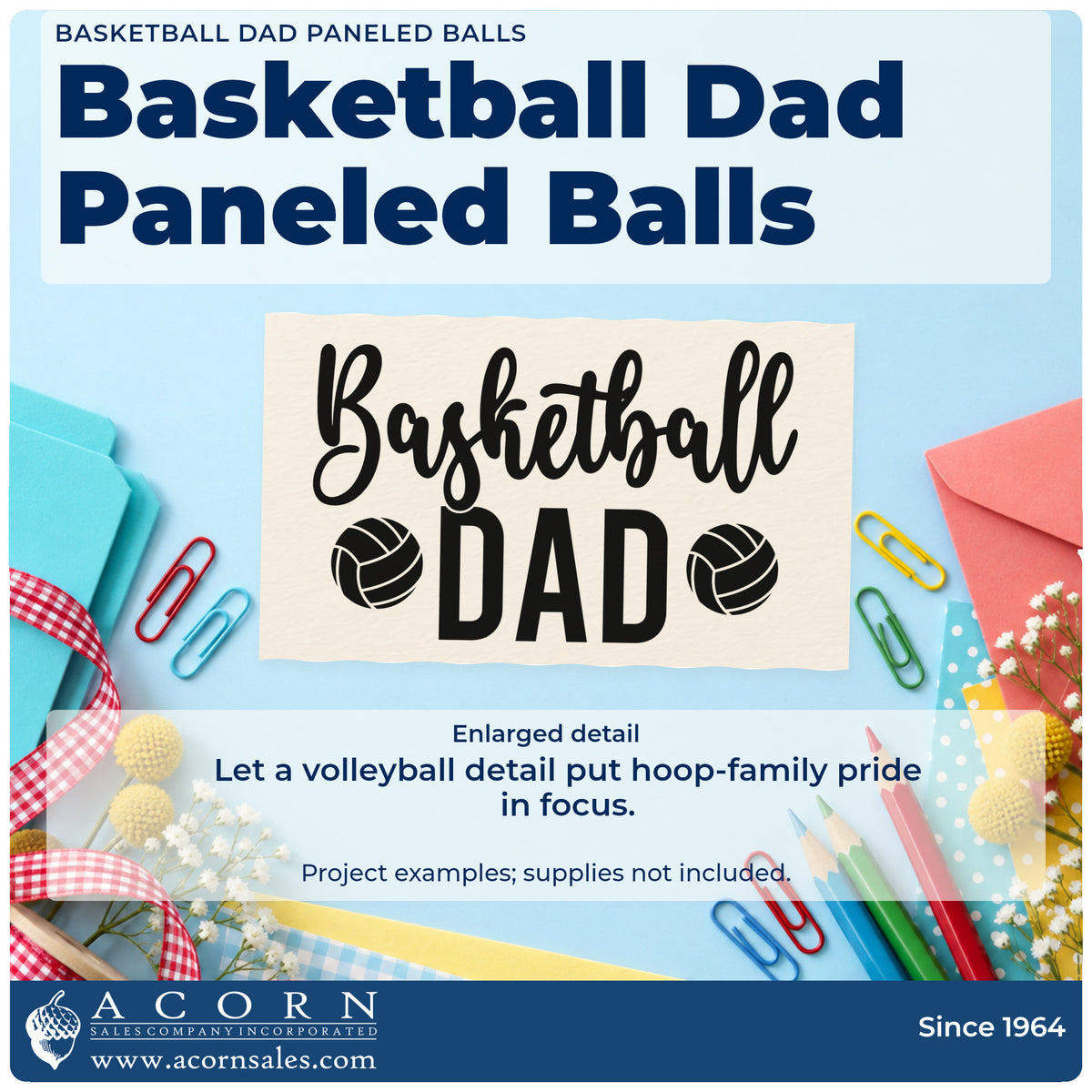Enlarged detail of the Duo Hand Basketball Dad With Two Paneled Balls Rubber Stamp imprint. Basketball DAD appears with two volleyball-style balls flanking DAD.