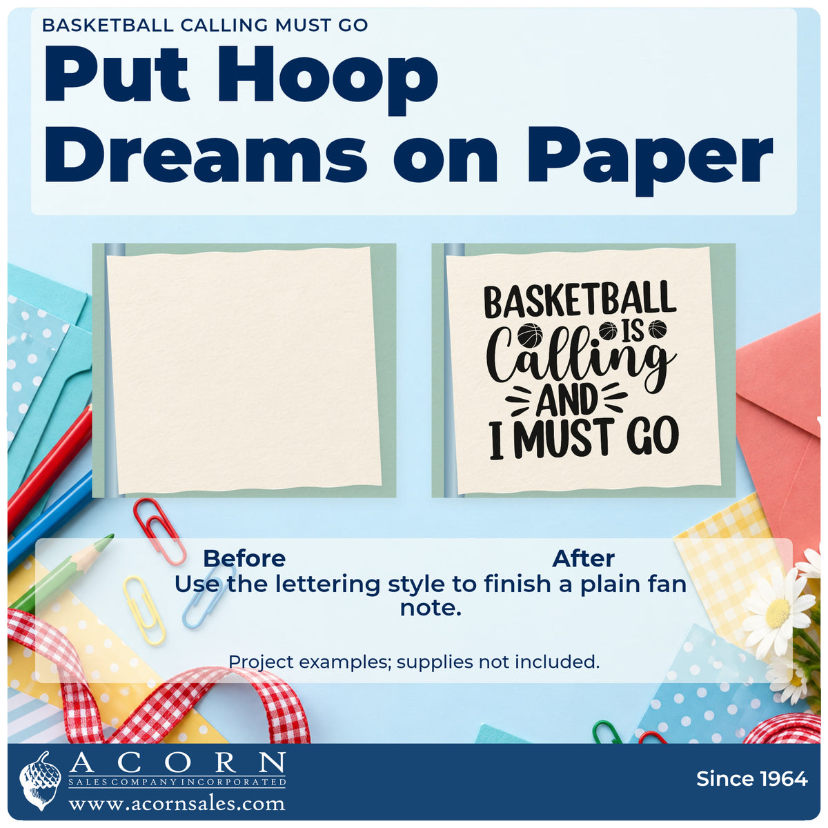 Before and after of a plain item finished with the Basketball Calling Must Go PSI Pre-Inked Stamp, a quick upgrade for framed hall corner.