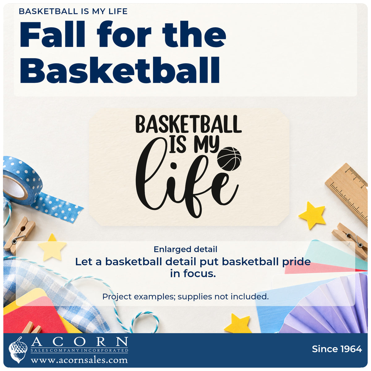 Enlarged detail of the Slim Pre-Inked Basketball Is My Life Stamp imprint. BASKETBALL IS MY life appears with a basketball beside the large script word.