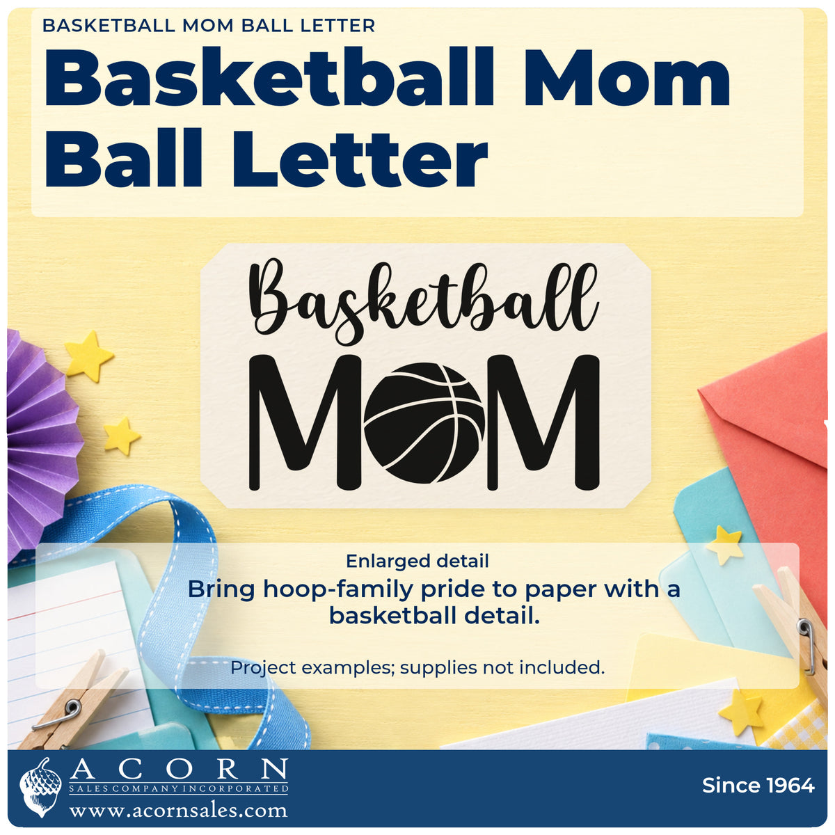 Enlarged detail of the Basketball Mom Ball Letter Art Slim Pre-Inked Stamp imprint. Basketball MOM uses a large basketball in place of the O.