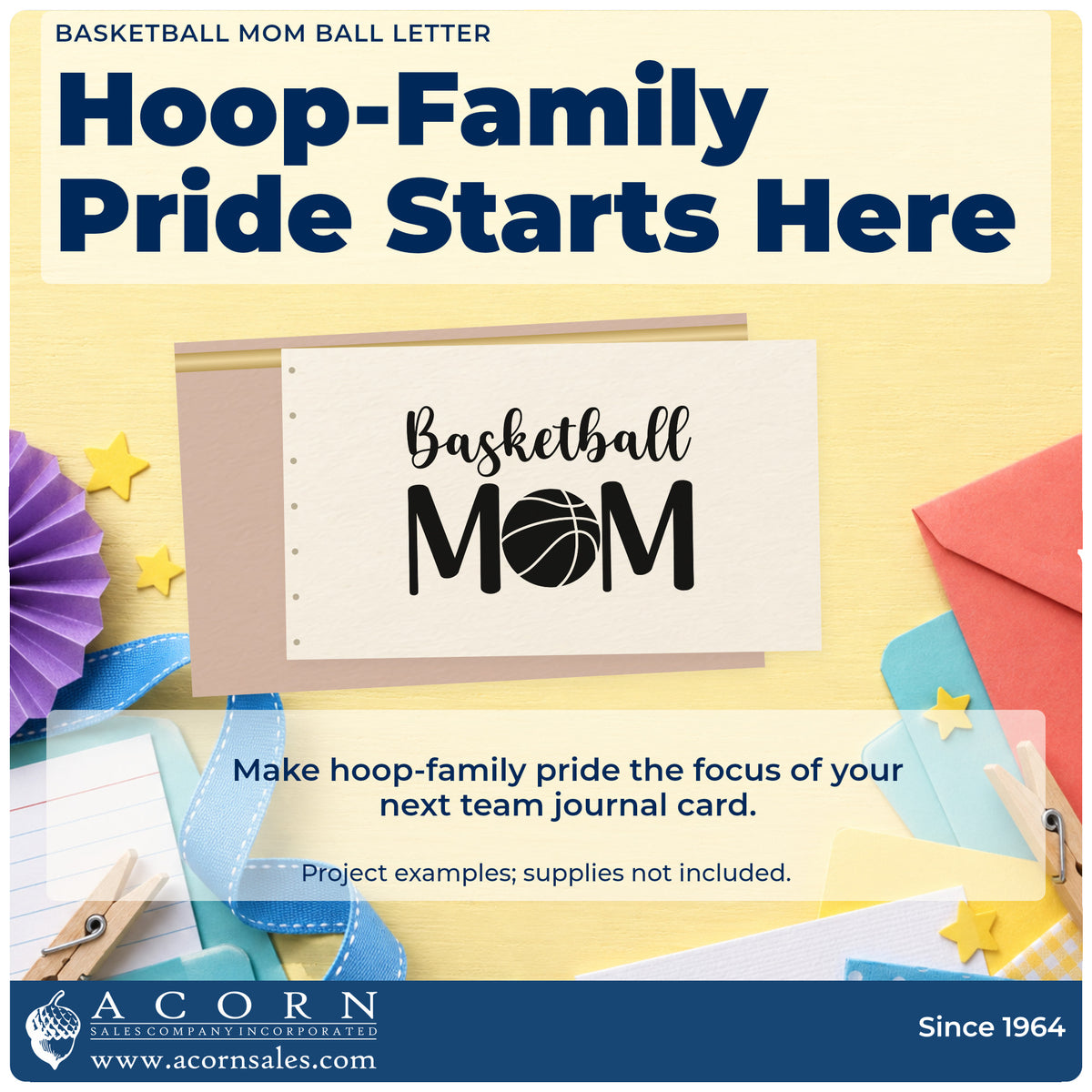 A finished handmade project stamped with the Basketball Mom Ball Letter Art Slim Pre-Inked Stamp, ideal for bag year album page.