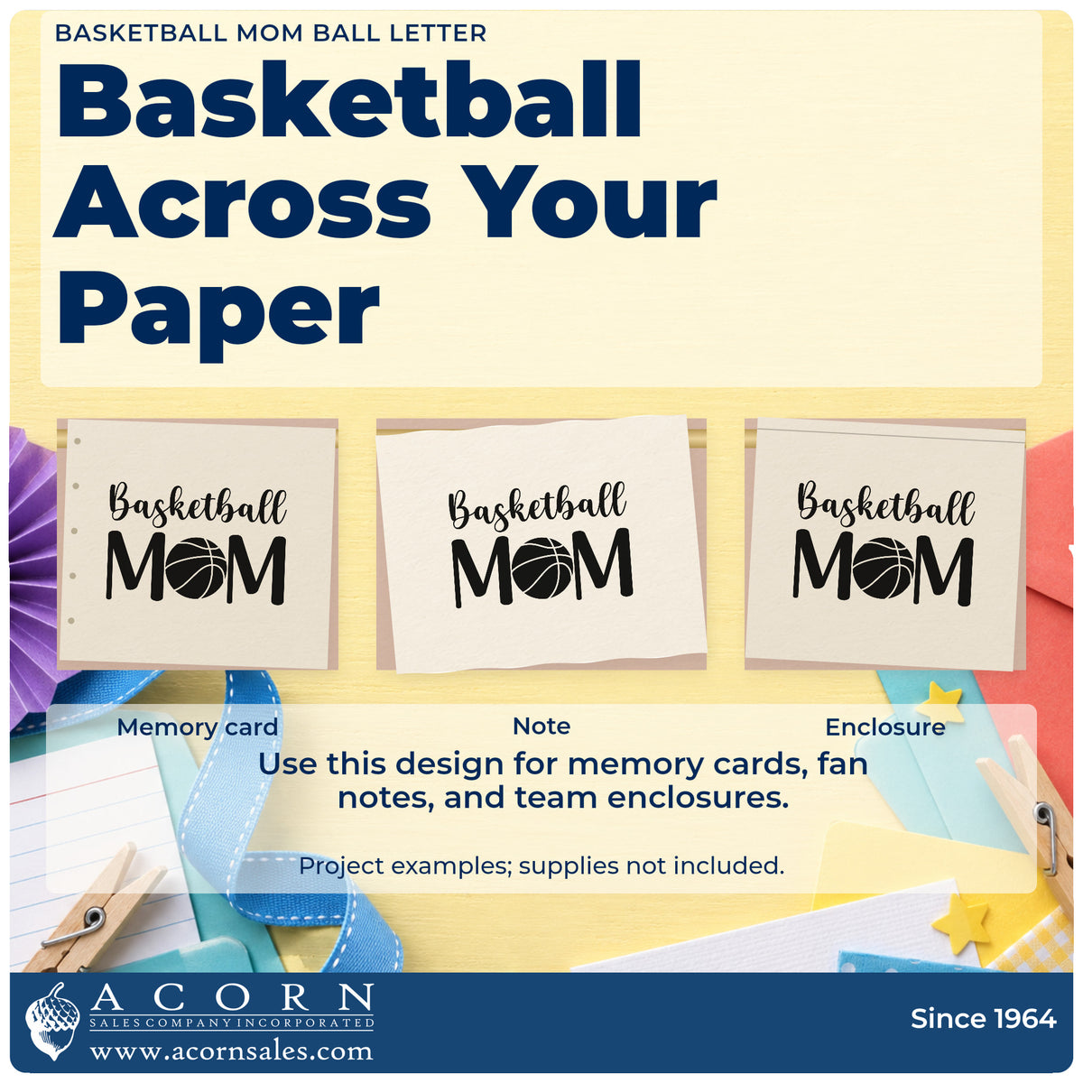 Three project examples made with the Basketball Mom Ball Letter Art Premium Wooden Stamp – Vintage Pro, including bag check sheet.