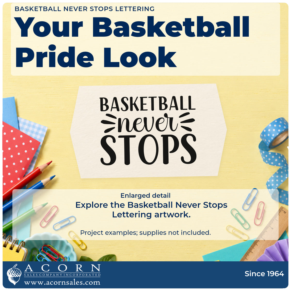 Enlarged detail of the Basketball Never Stops Lettering Stamp – PSI Pre-Inked imprint. BASKETBALL never STOPS appears with radiating accent strokes.