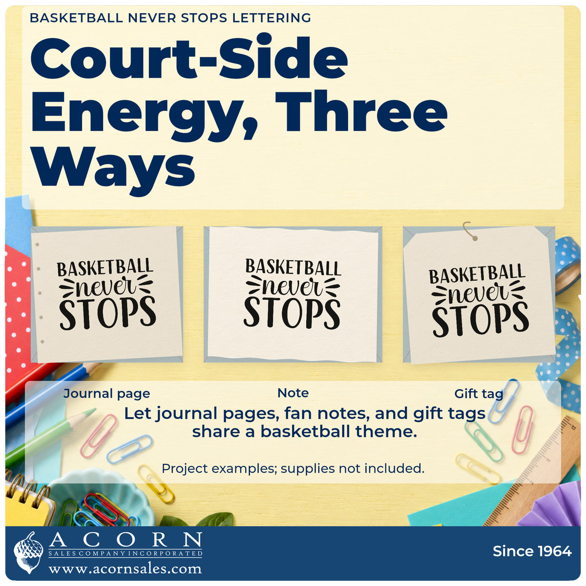 Three project examples made with the Basketball Never Stops Lettering Stamp – PSI Pre-Inked, including year phase sheet.