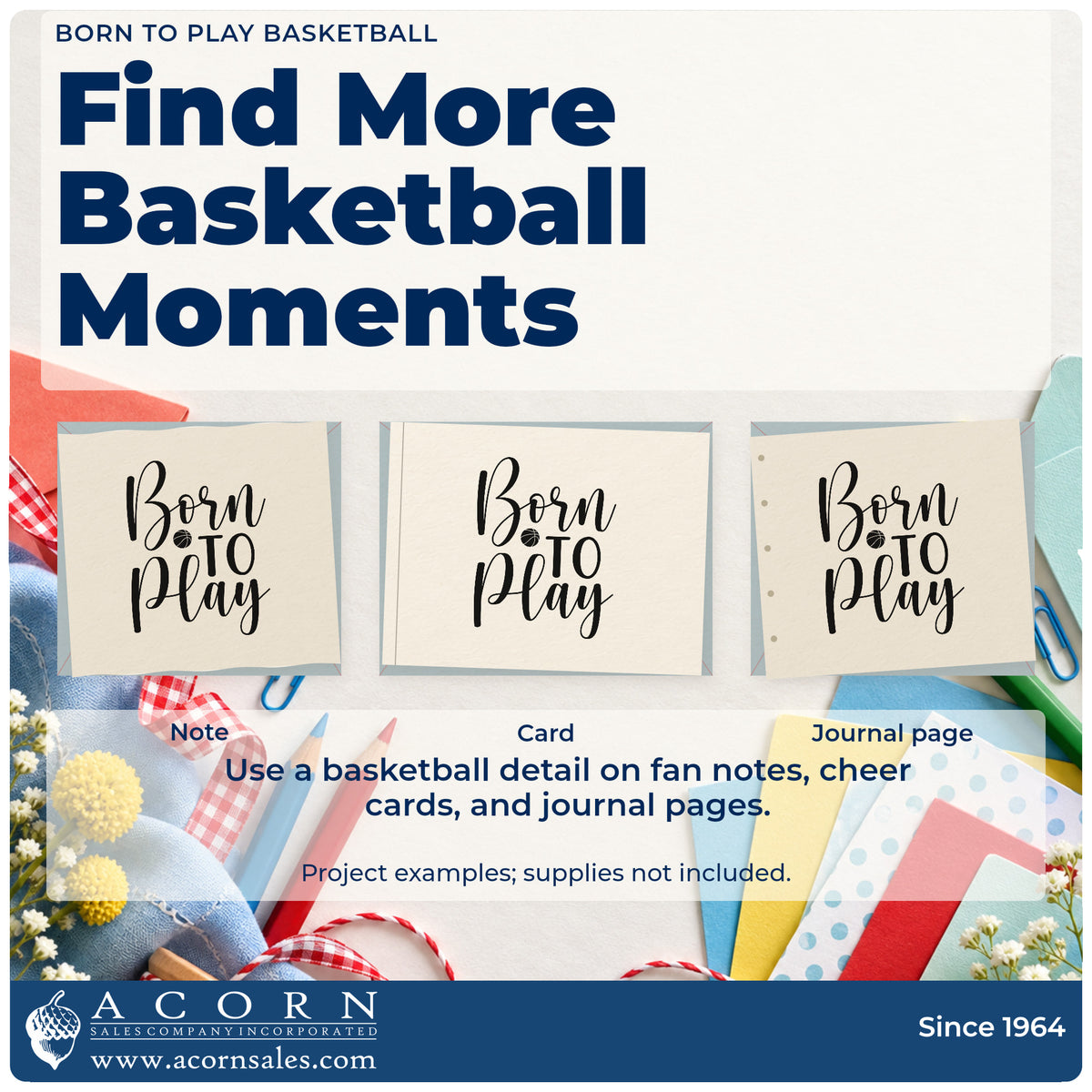 Three project examples made with the Born To Play Basketball Lettering Stamp – Slim Pre-Inked, including growth note sheet.