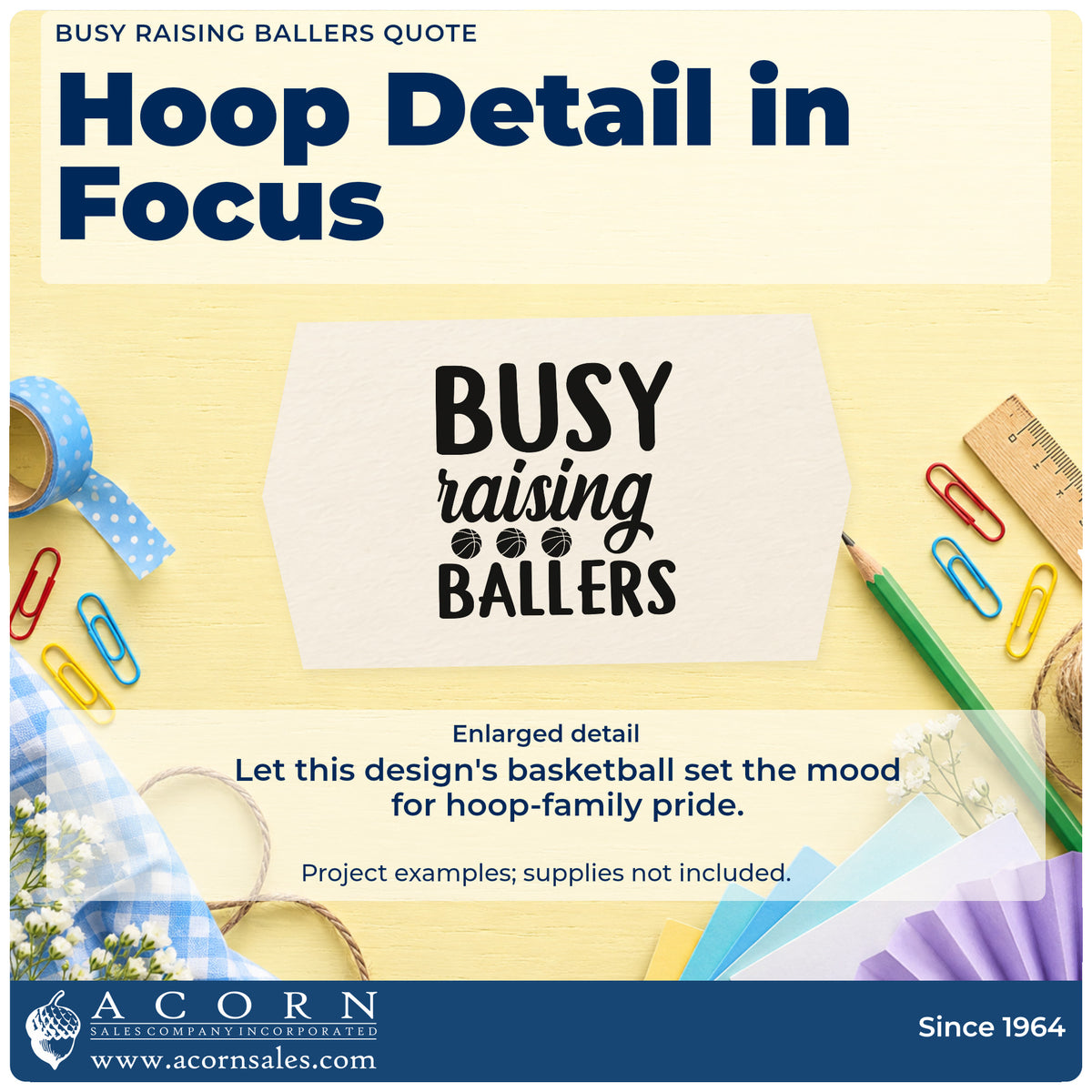 Enlarged detail of the Busy Raising Ballers Quote Slim Pre-Inked Stamp imprint. BUSY raising BALLERS appears with three small basketballs.