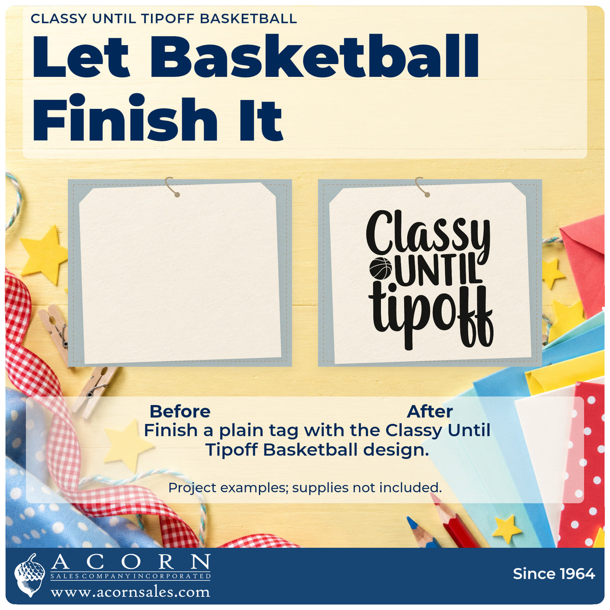 Before and after of a plain item finished with the Classy Until Tipoff Basketball Rubber Stamp – Wood Handle, a quick upgrade for framed vanity corner.