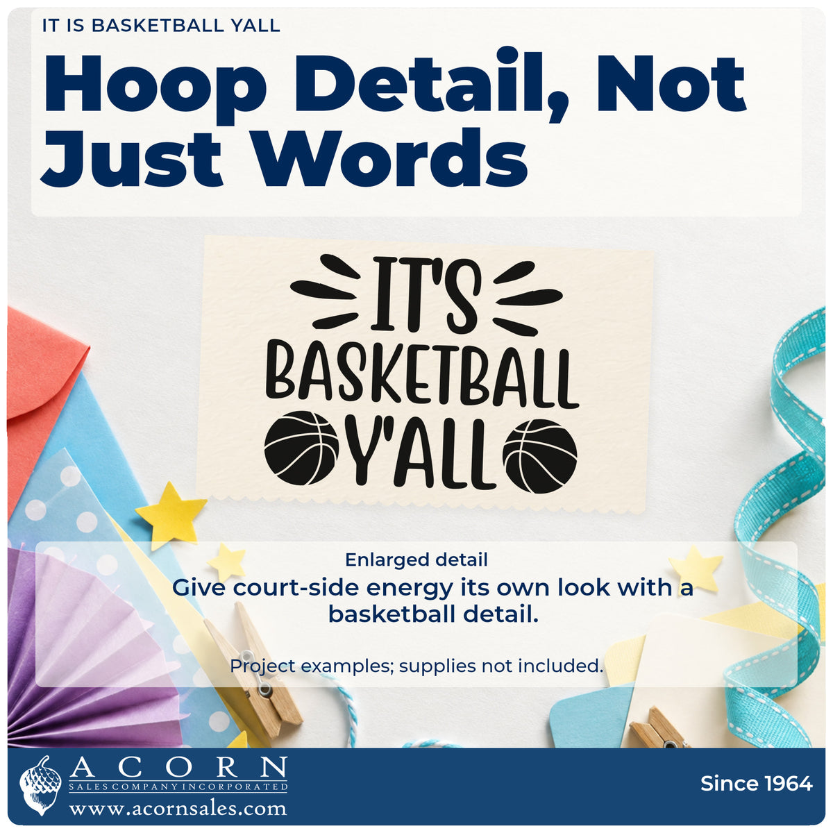 Enlarged detail of the It Is Basketball Yall Pre-Inked Stamp – PSI imprint. IT'S BASKETBALL Y'ALL appears with radiating accents and two basketballs.