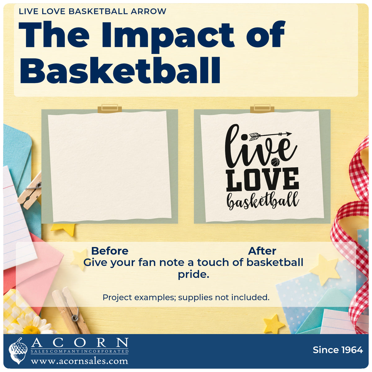 Before and after of a plain item finished with the Live Love Basketball Arrow Stamp – Duo Hand, a quick upgrade for framed locker row.