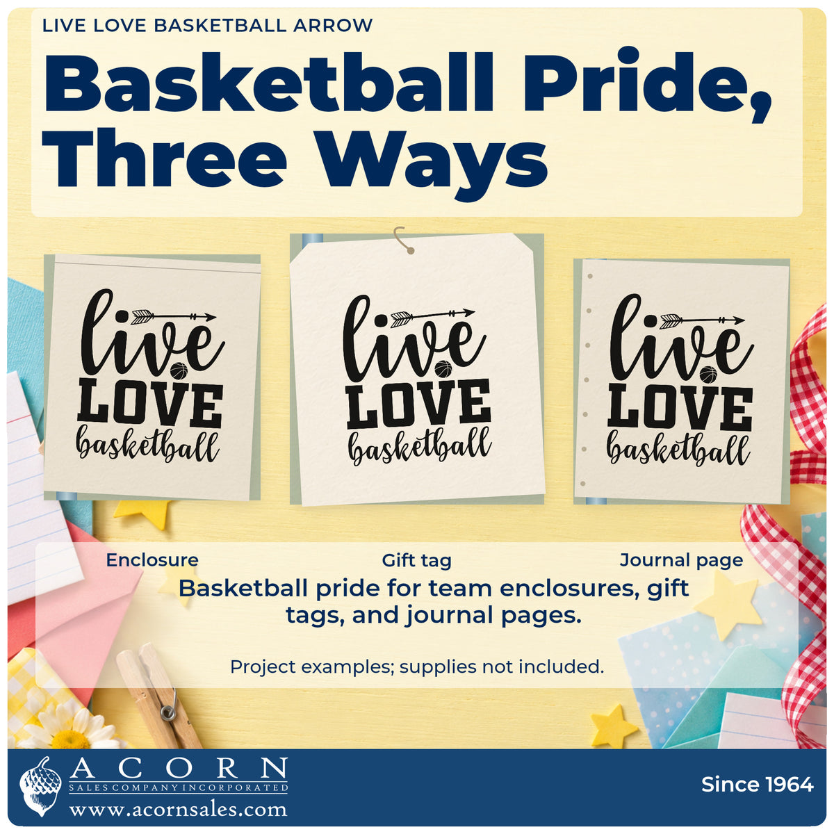 Three project examples made with the Live Love Basketball Arrow Rubber Stamp – Wood Handle, including decor rota sheet.