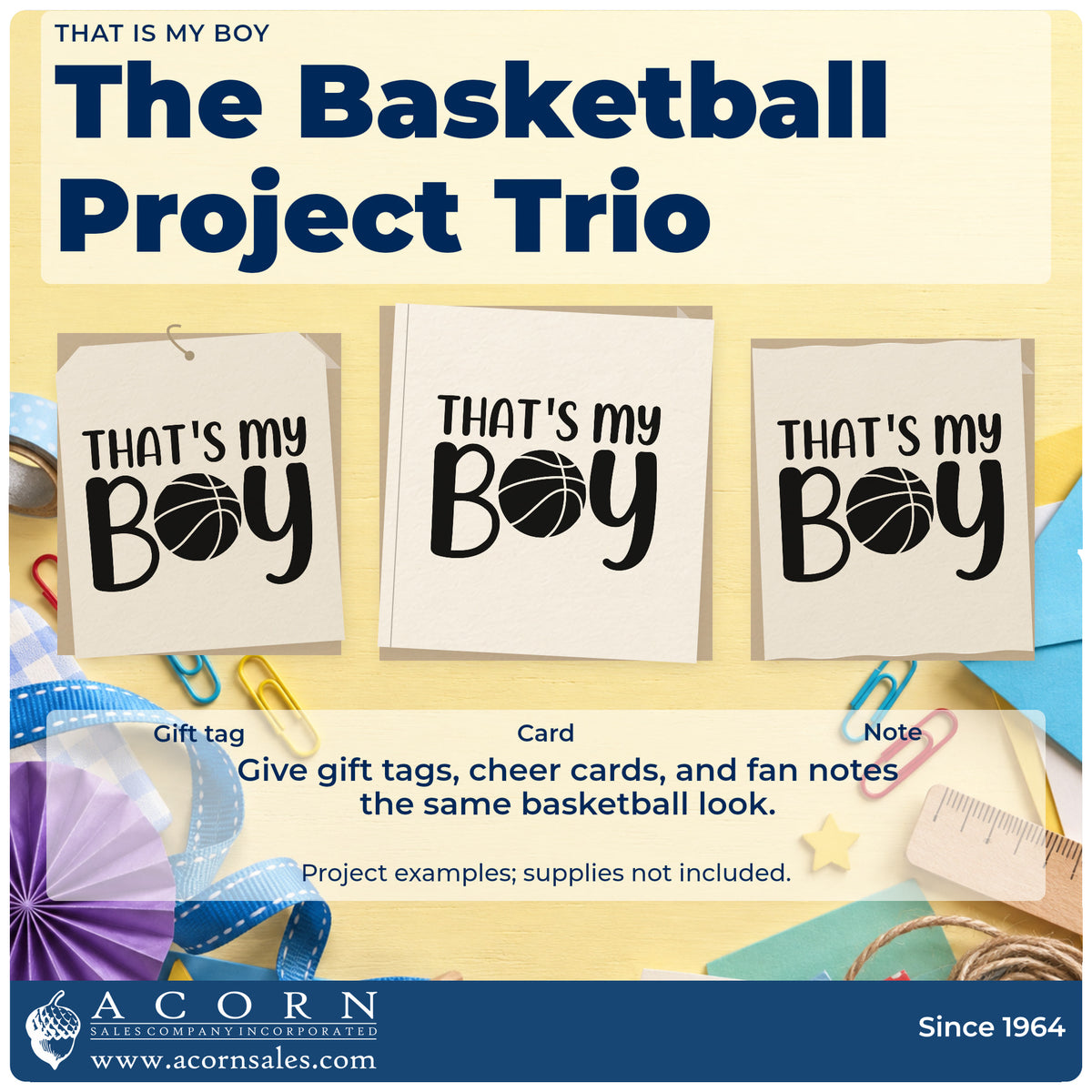Three project examples made with the That Is My Boy Self-Inking Stamp, including layout plan sheet.