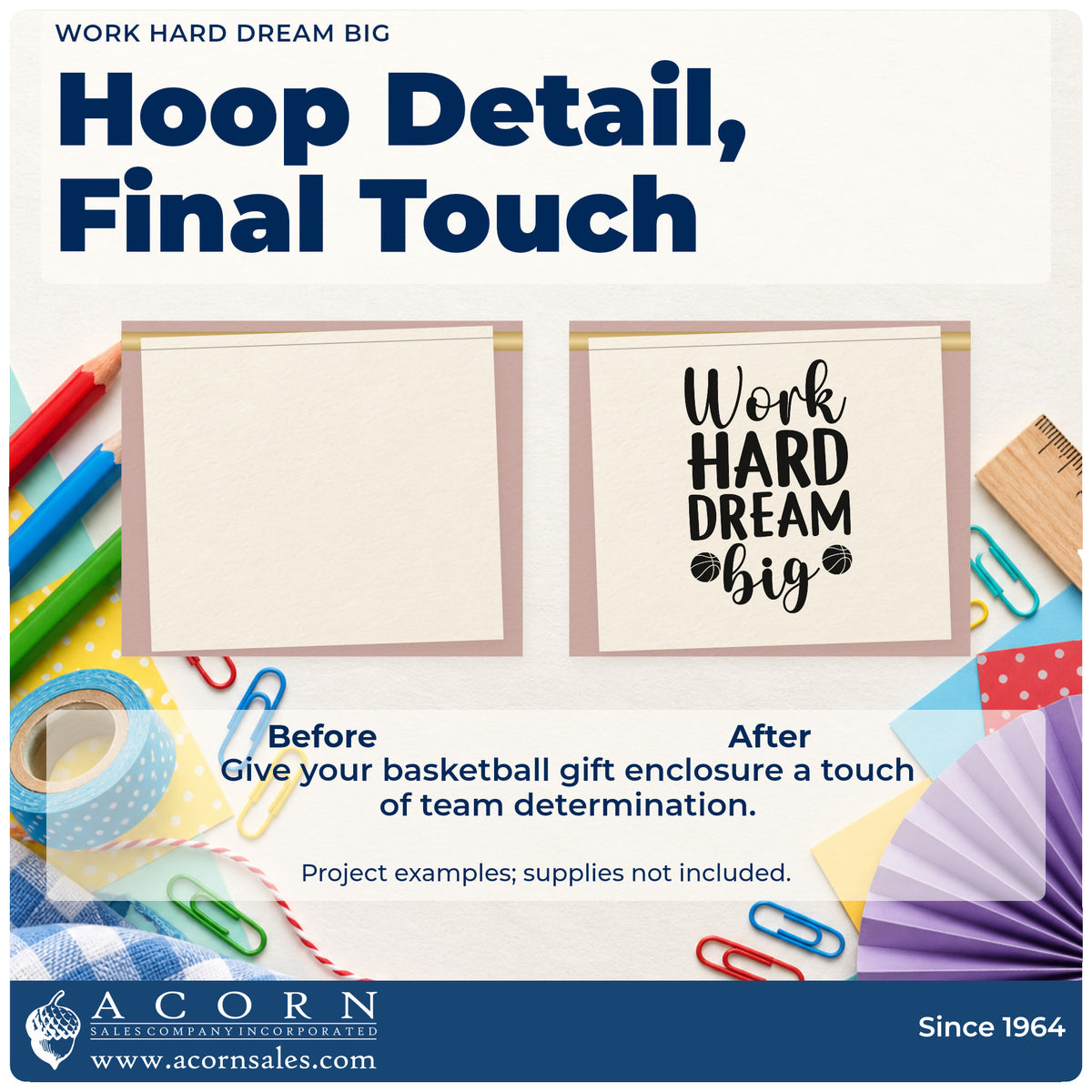 Before and after of a plain item finished with the PSI Pre-Inked Work Hard Dream Big Basketball Stamp, a quick upgrade for framed bedroom desk.