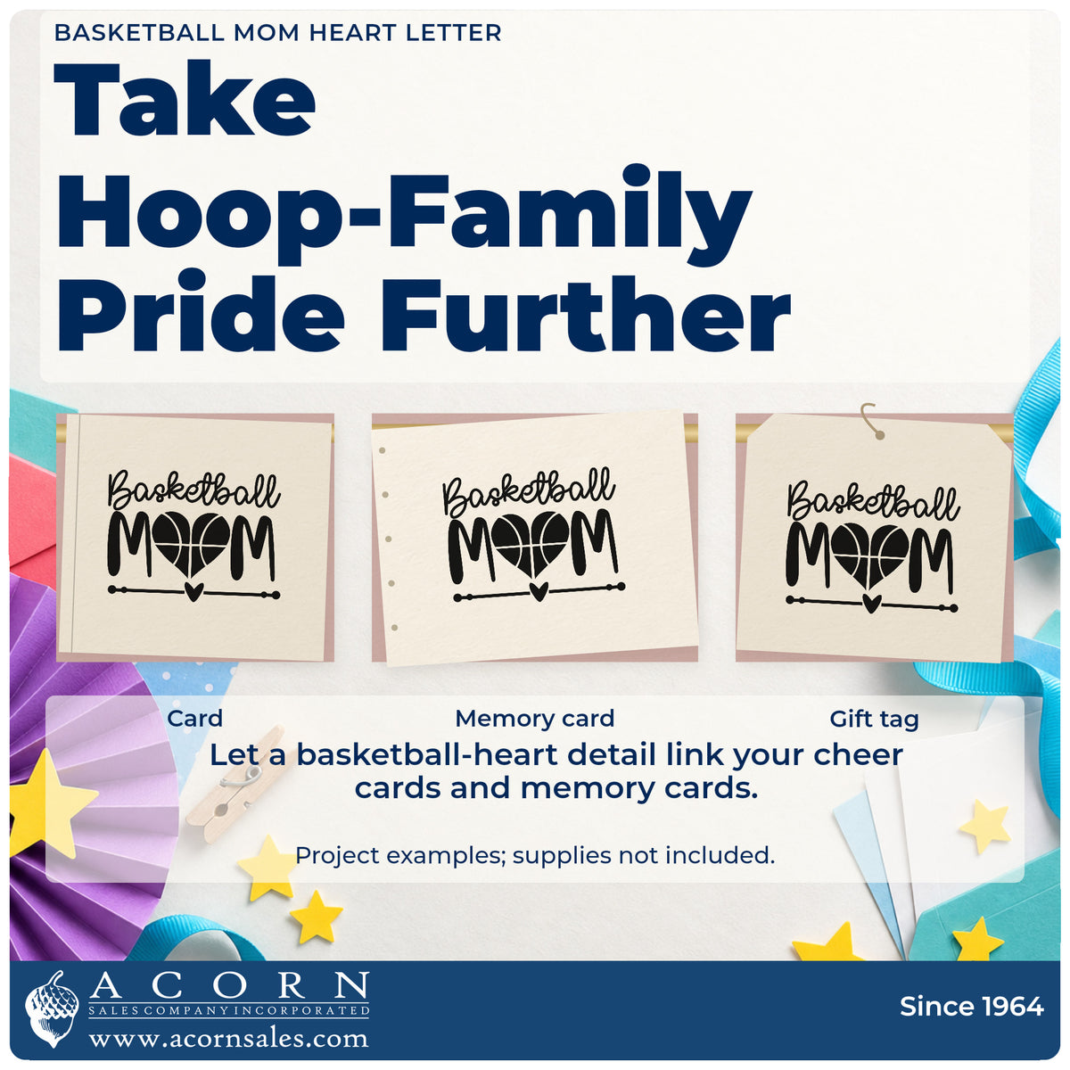 Three project examples made with the Duo Hand Basketball Mom Heart Letter Rubber Stamp, including spread plan sheet.